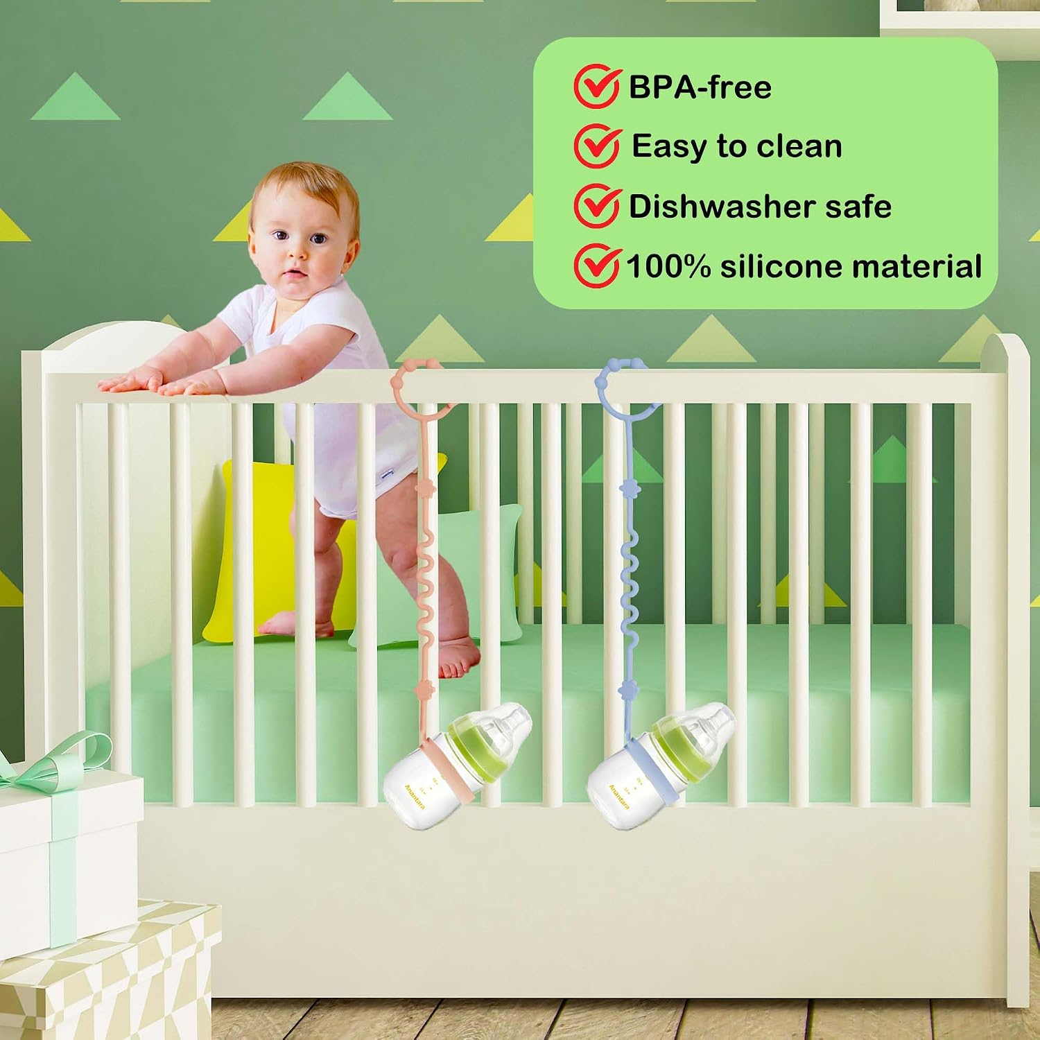 RTMOK (4Pcs) Sippy Cup Strap Keep Bottles and Sippy Cups Off The Floor, Sippy Cup Holder Strap Suitable for High Chairs, Strollers and Water Bottles- Dishwasher Safe