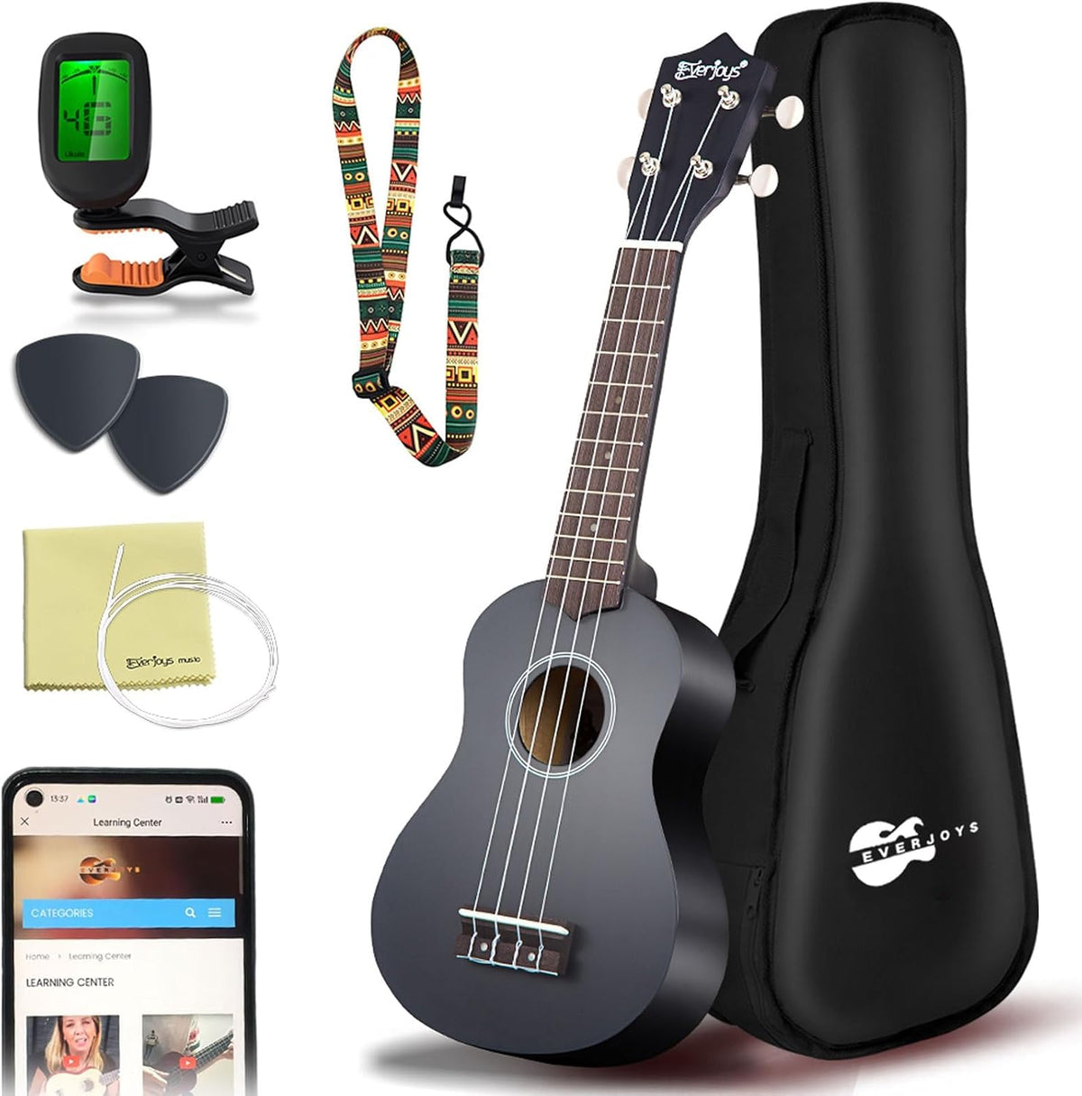 Everjoys Soprano Ukulele Beginner Kit 21 Inch w/Free Online Lesson Gig Bag Tuner Picks Strap, Fast to Learn (Black)