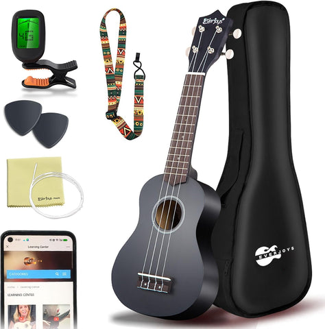 Everjoys Soprano Ukulele Beginner Kit 21 Inch w/Free Online Lesson Gig Bag Tuner Picks Strap, Fast to Learn (Black)