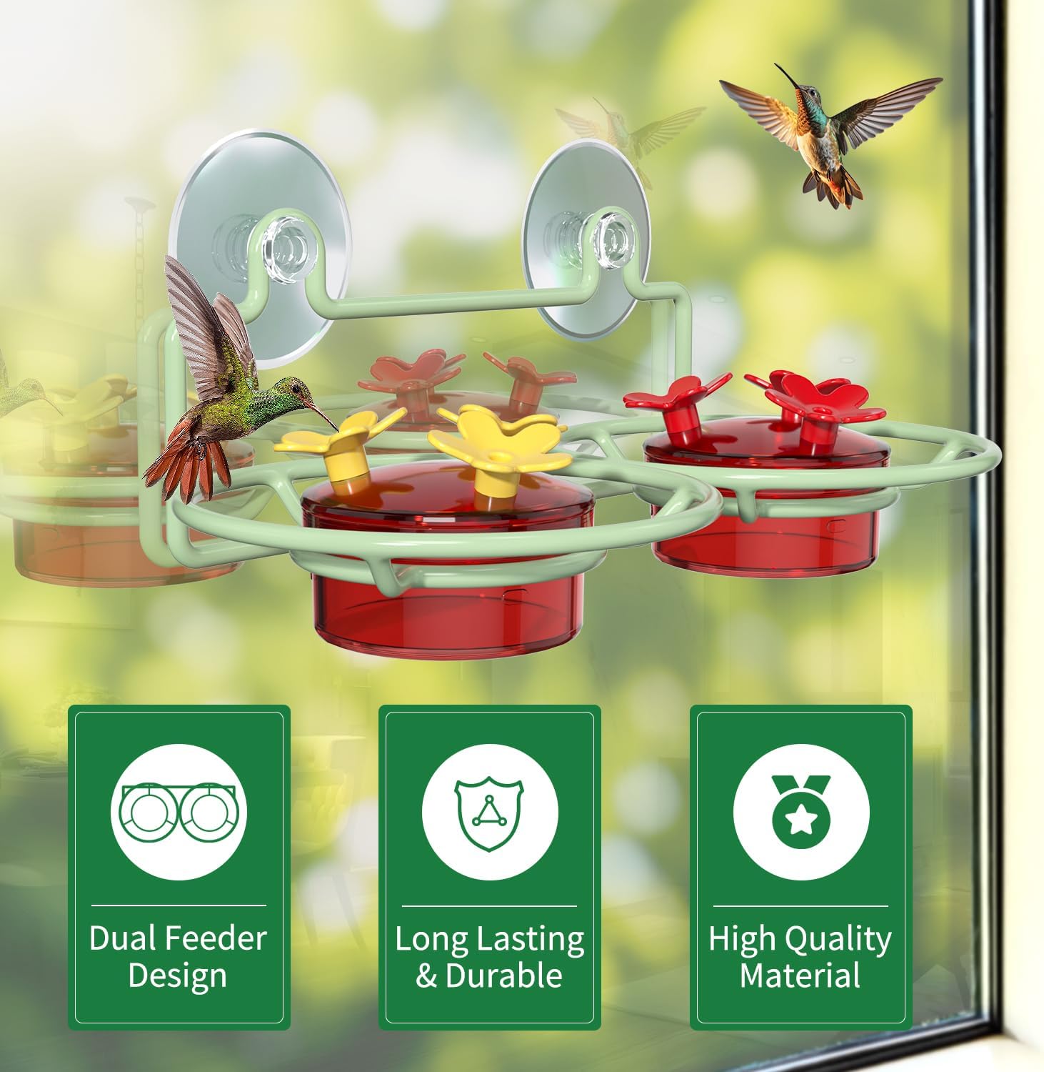 Dreamdrawer Window Hummingbird Feeder, Small Hummingbird Feeder for Outdoors with Strong Suction Cup - Metal Base & 6 Feeding Ports, Easy to Clean and Refill