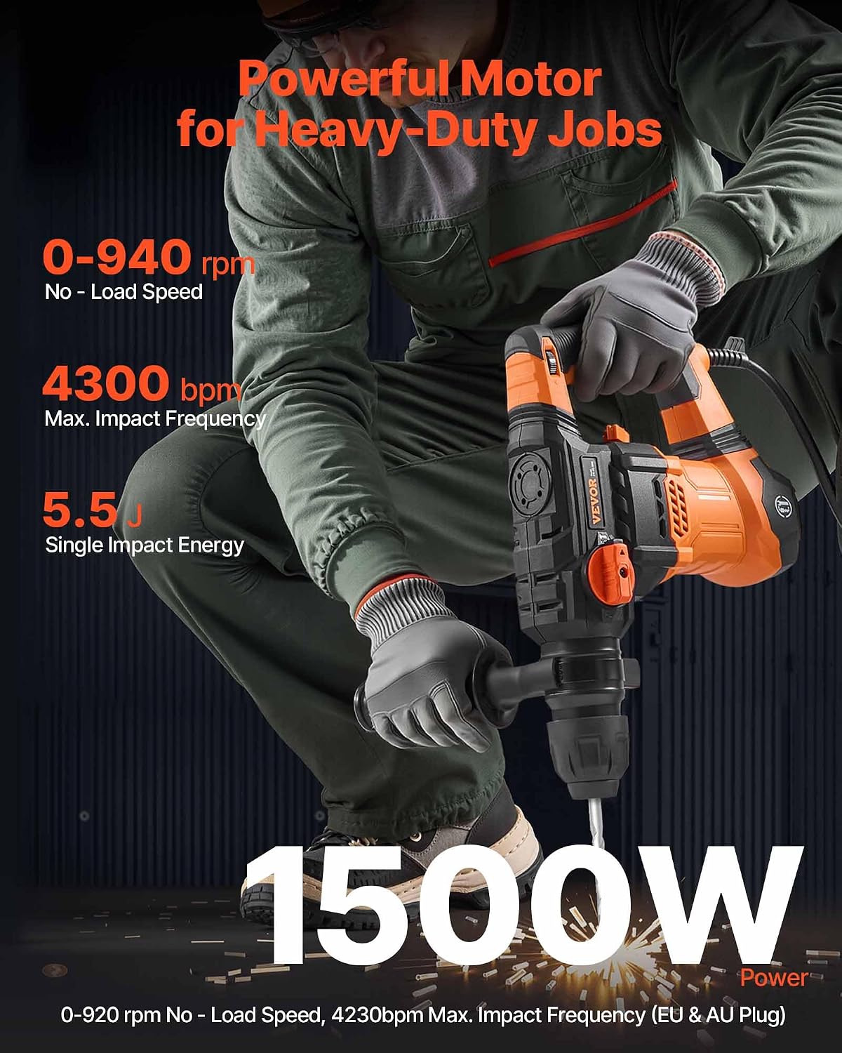 VEVOR 1-1/4 Inch SDS-Plus Rotary Hammer Drill, 13 Amp Corded Drills, Heavy Duty Chipping Hammers w/Vibration Control & Safety Clutch, Electric Demolition Hammers Variable Speed, Power Tool For Concret