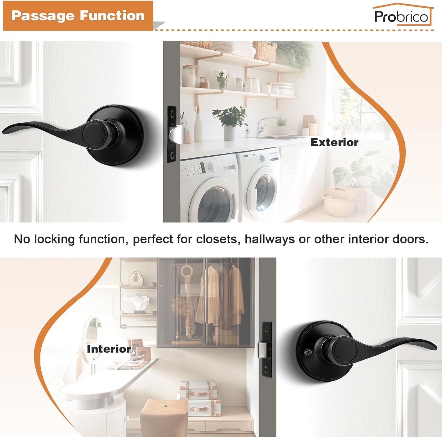 Probrico 2 Pack Passage Levers Matte Black, Keyless Interior Door Hardware Cloud Shape Contemporary Style Lockset Lever Handle