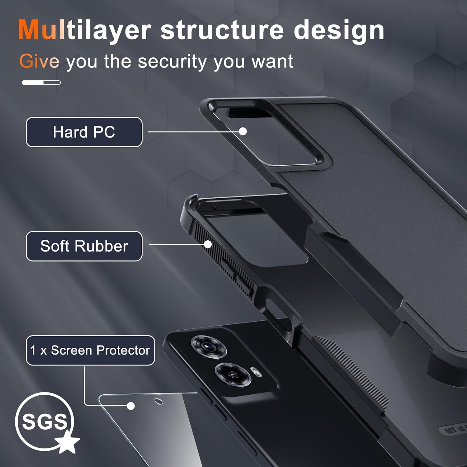 Case Compatible with Moto G 5G 2024, Full Body Heavy Duty Rugged Shockproof Protective Phone Cover with Lanyard Strap, Tempered Glass Screen Protector, Black Matte