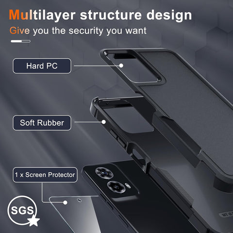 Case Compatible with Moto G 5G 2024, Full Body Heavy Duty Rugged Shockproof Protective Phone Cover with Lanyard Strap, Tempered Glass Screen Protector, Black Matte
