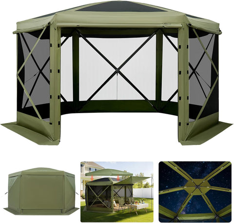 VEVOR Pop up Gazebo Screen Tent, 10 x 10 ft Large 6-Sided Camping Canopy Tent with Removable Top & Carry Bag, Quick-Set & Bite-Proof, Screen House Sun Shelter for 6-8 Persons Backyard Patio, Green