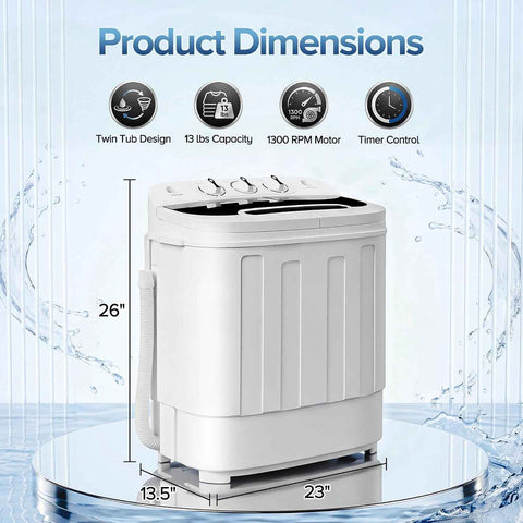 ZenStyle Twin Tub Small Washing Machine 13lbs, Portable with Built-In Washer Spinner & Gravity Pump, 5.74 FT Cord, for Dorm, Apartment, RV, Camping (White and Black)