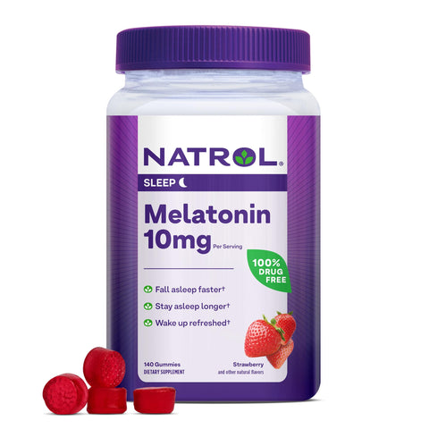 Natrol Melatonin Gummies, Sleep Support for Adults, 10 mg Melatonin Supplement for Sleeping, 140 Strawberry-Flavored Gummies, Up to a 70 Day Supply