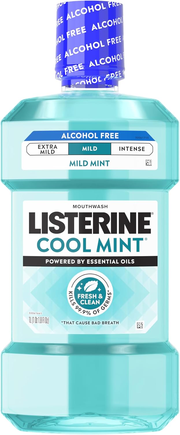 Listerine Cool Mint Alcohol Free Mouthwash, Mild Mint, 33.8 fl. oz/1 L