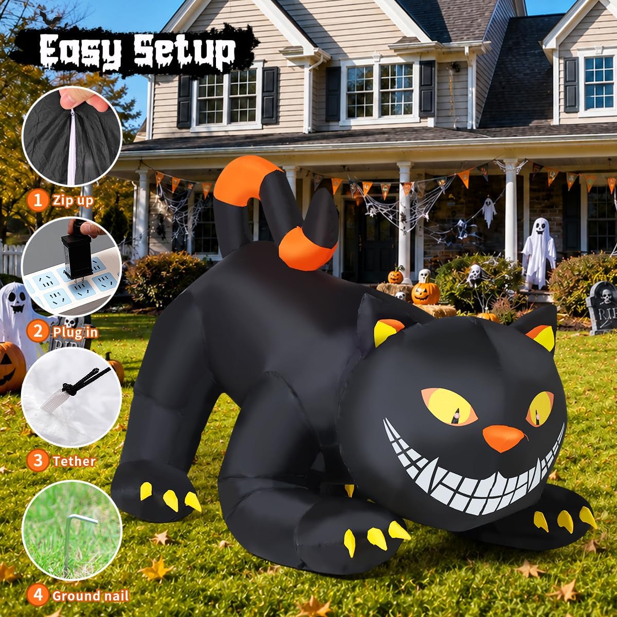GOOSH 6 FT Halloween Inflatables Outdoor Black Cat with Shakable Head, Blow Up Yard Decoration with LED Lights Built-in for Holiday/Party/Yard/Garden