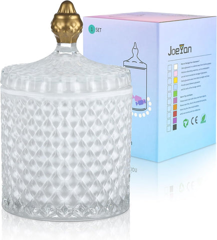 Joeyan 18oz White Glass Jars with Lid,Embossed Candy Dishes,Diamond Faceted