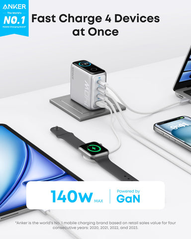 140W USB-C Charger, Anker Laptop Charger, 4-Port Multi-Device Fast Charging, Advanced GaN Power Adapter, Intuitive Touch Controls, for MacBook, iPhone 16 Series, Samsung Galaxy, Pixel, and More