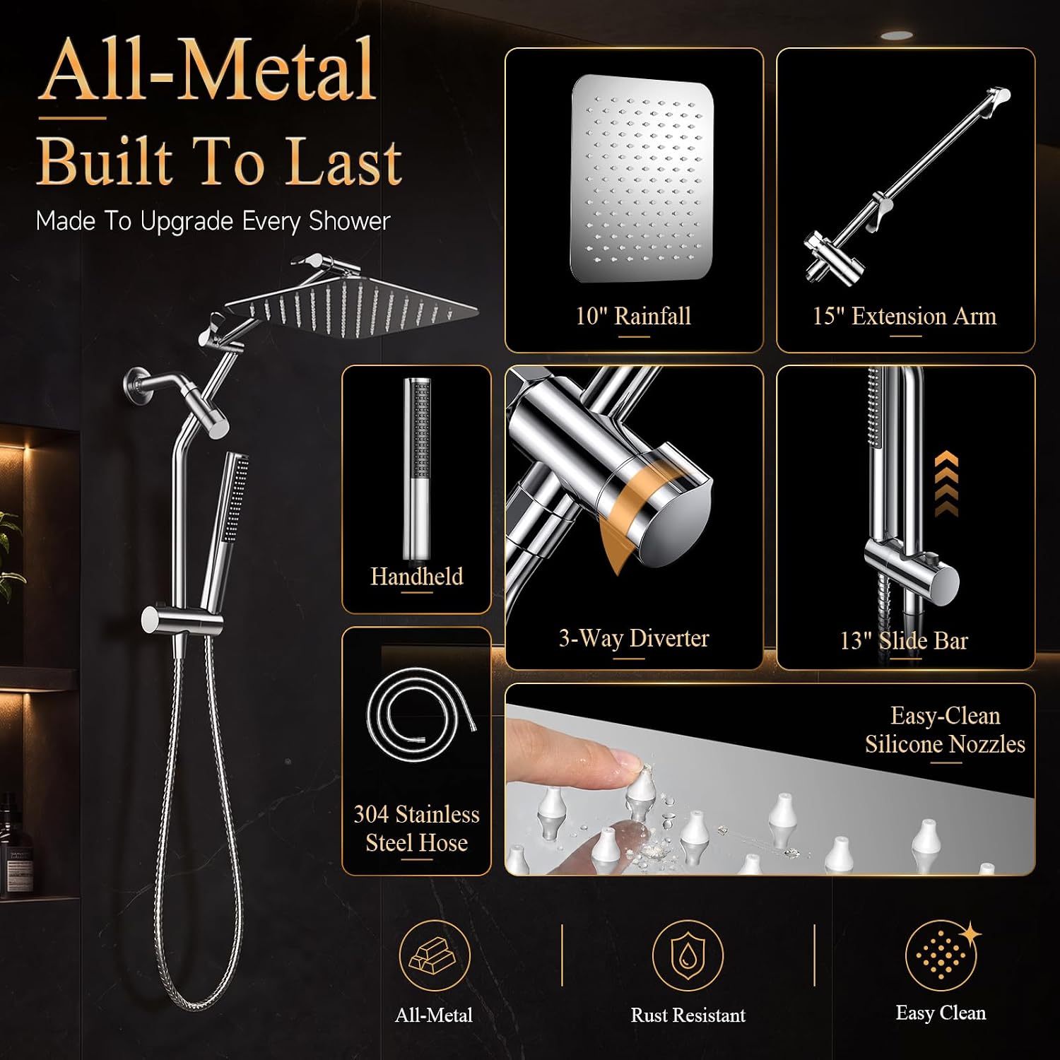 Veken All Metal 10"Luxurious Rain Shower Head with Handheld Spary,Power Jet