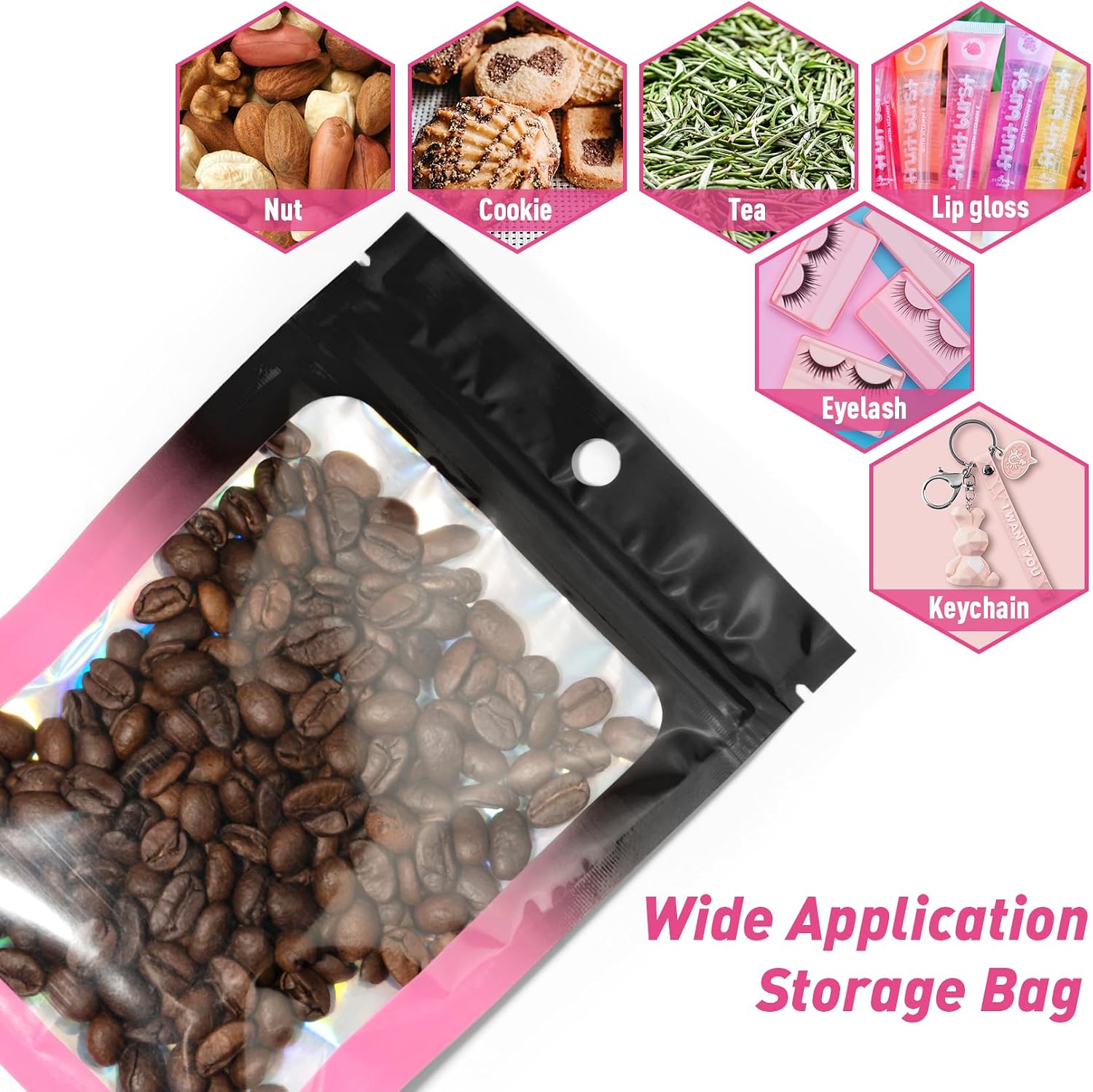 Funfery 100 Pc Black&Pink Color Mylar Holographic Bag Foil Zipper Clear Bag