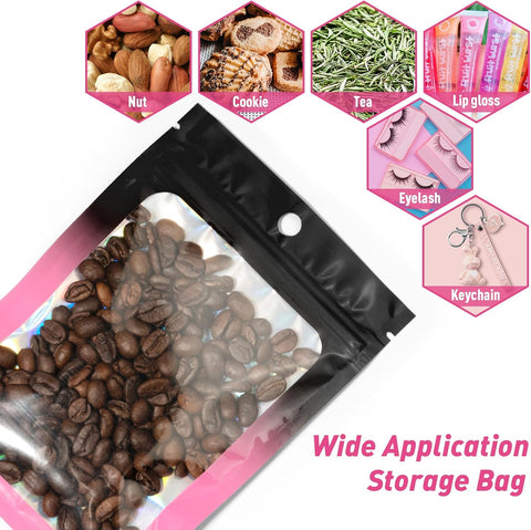 Funfery 100 Pc Black&Pink Color Mylar Holographic Bag Foil Zipper Clear Bag