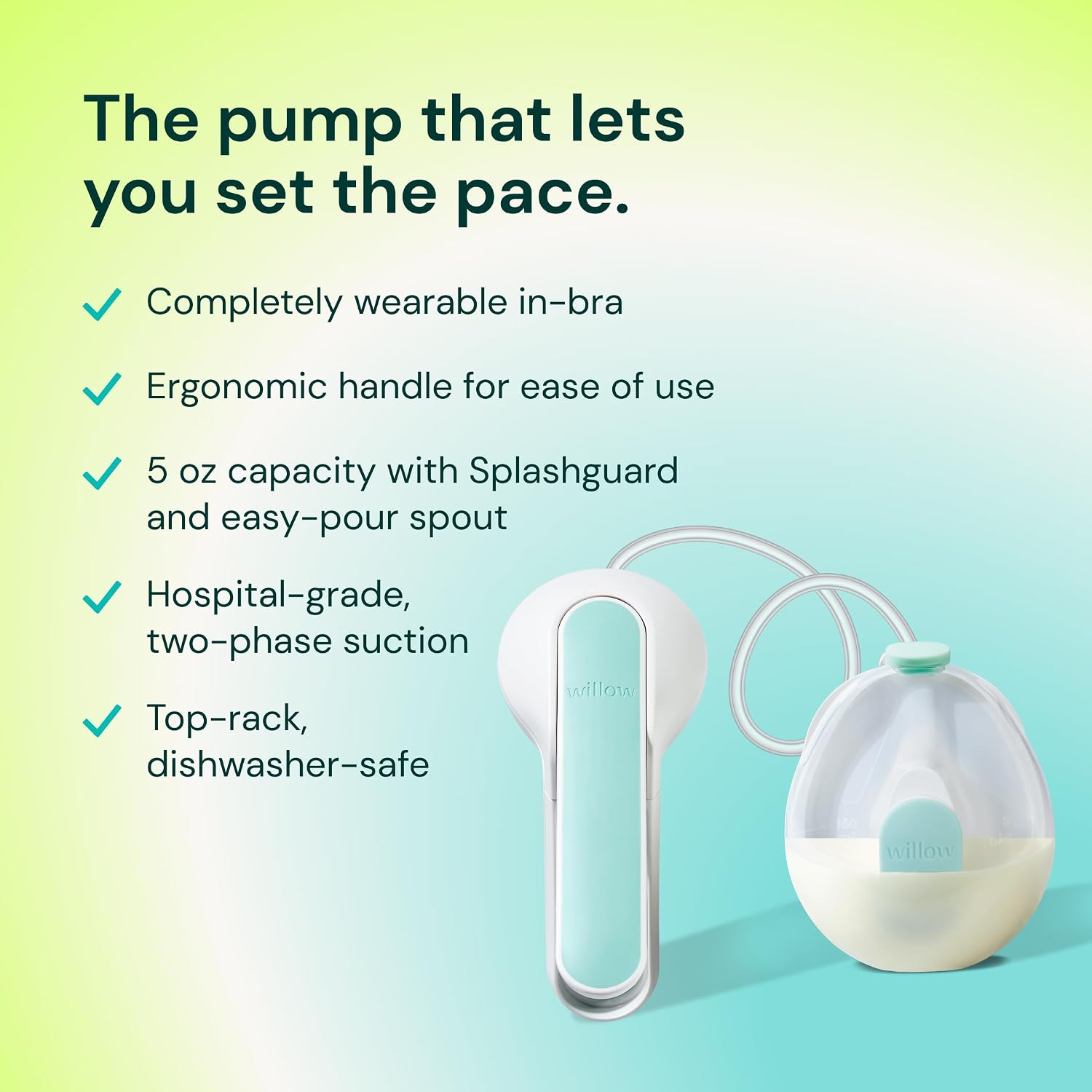 Willow Wave - Wearable Manual Breast Pump - Fits Fully in Bra - Ergonomic Handle - 24mm Soft Silicone Flange - Wearable Breastfeeding Pump - Hospital Grade Suction - Postpartum Essentials - Holds 5oz