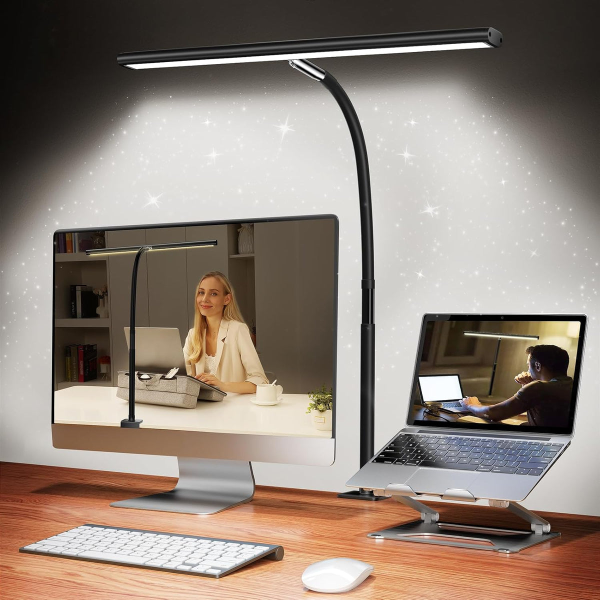 Airlonv LED Desk Lamp with Clamp, 17" Stepless Dimming Light, Black
