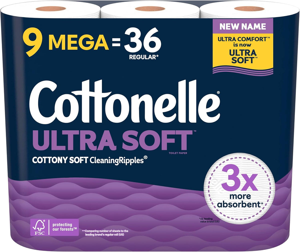 Cottonelle Ultra Soft Toilet Paper, 9 Mega Rolls = 36 Regular Rolls