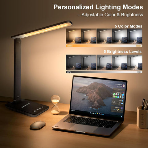 LED Desk Lamp for Office Home, 500LM Bright Touch Control USB Charging Port