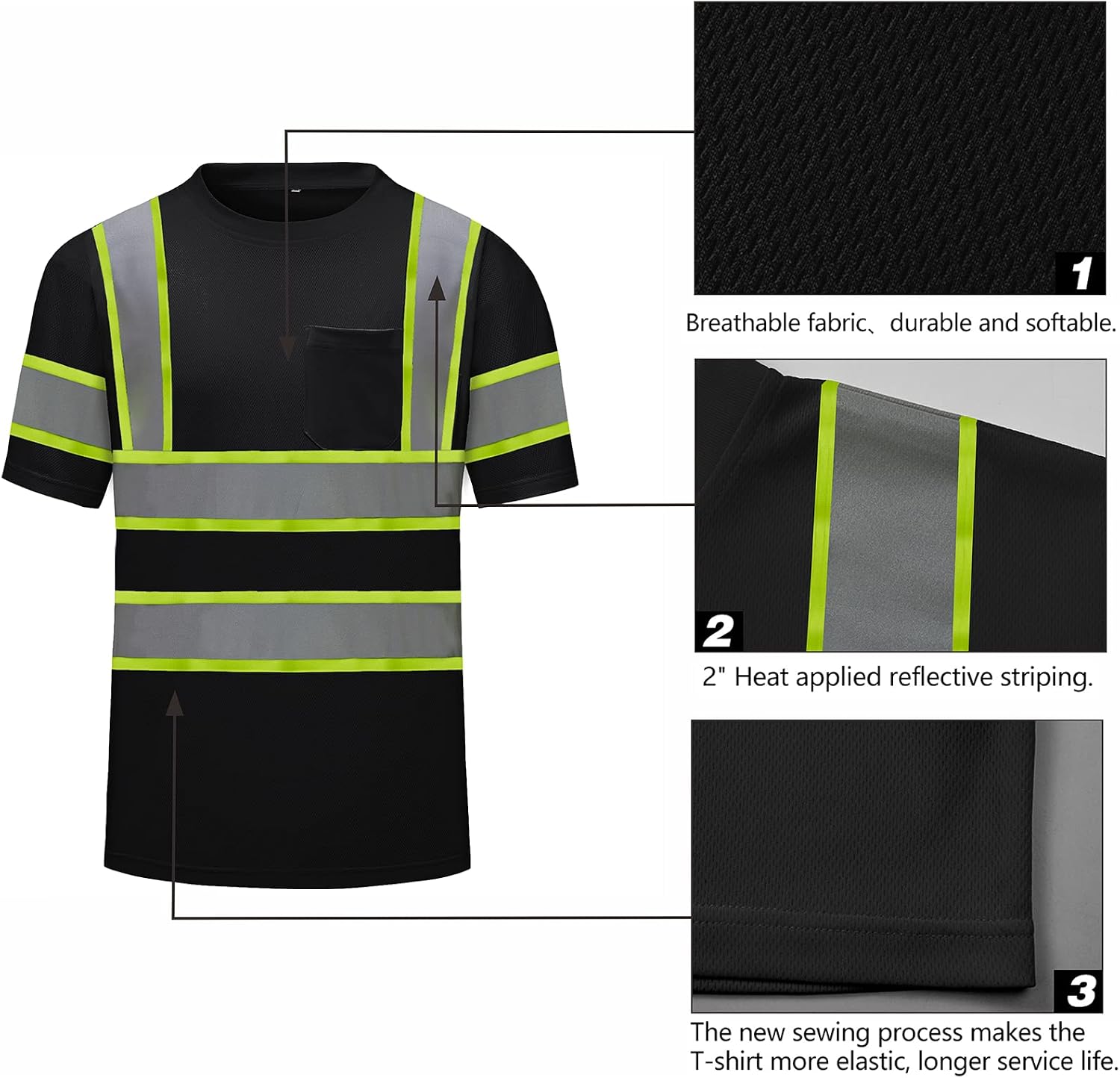High Visibility Shirts Quick Dry Safety T Shirts with Reflective Strips and Pocket Short Sleeve Mesh Hi Vis Construction Work Class 2 Shirt for Men/Women Black,XL