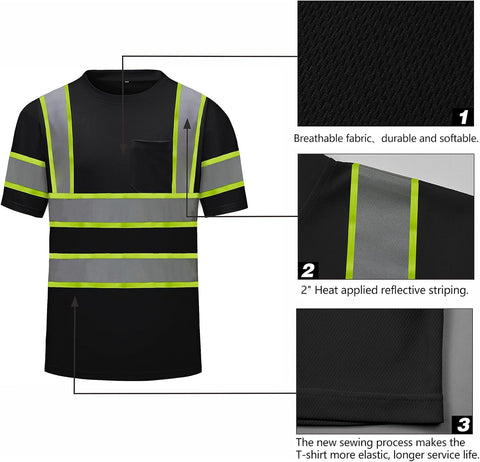 High Visibility Shirts Quick Dry Safety T Shirts with Reflective Strips and Pocket Short Sleeve Mesh Hi Vis Construction Work Class 2 Shirt for Men/Women Black,XL