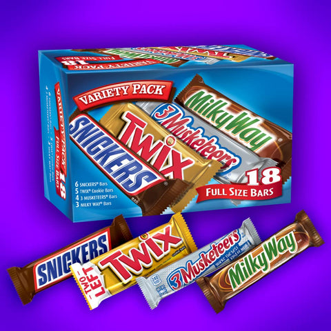 SNICKERS, TWIX, 3 MUSKETEERS, MILKY WAY Full Size Back to School Chocolate Bar Variety Pack, 18 ct Bulk Candy Box