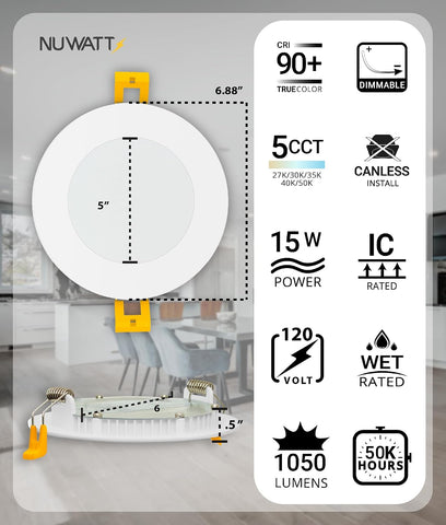 NUWATT Canless Recessed Lighting 6 Inch, 2700K-5000K, Dimmable, ETL, 6 Pack