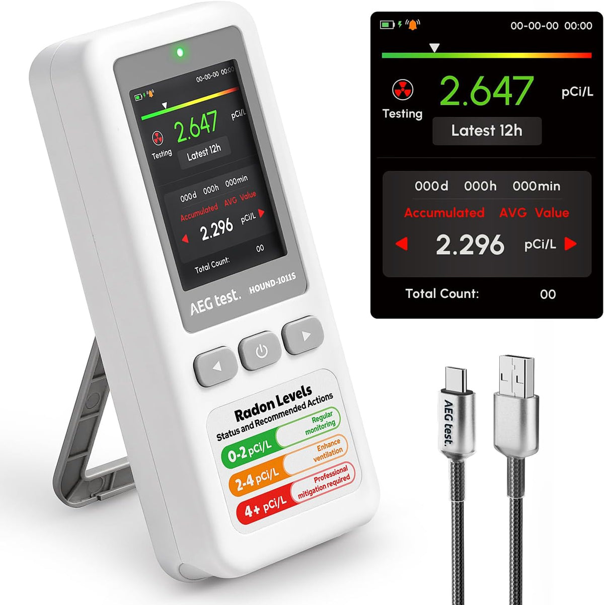 HOUND-1011S Portable Radon Detector, High-Accuracy Sensor for Home, Lightweight, Audible & Visual Alarms, Long-Term Monitoring, Easy-to-Use Radon Tester in pCi/L or Bq/m³ for Basement