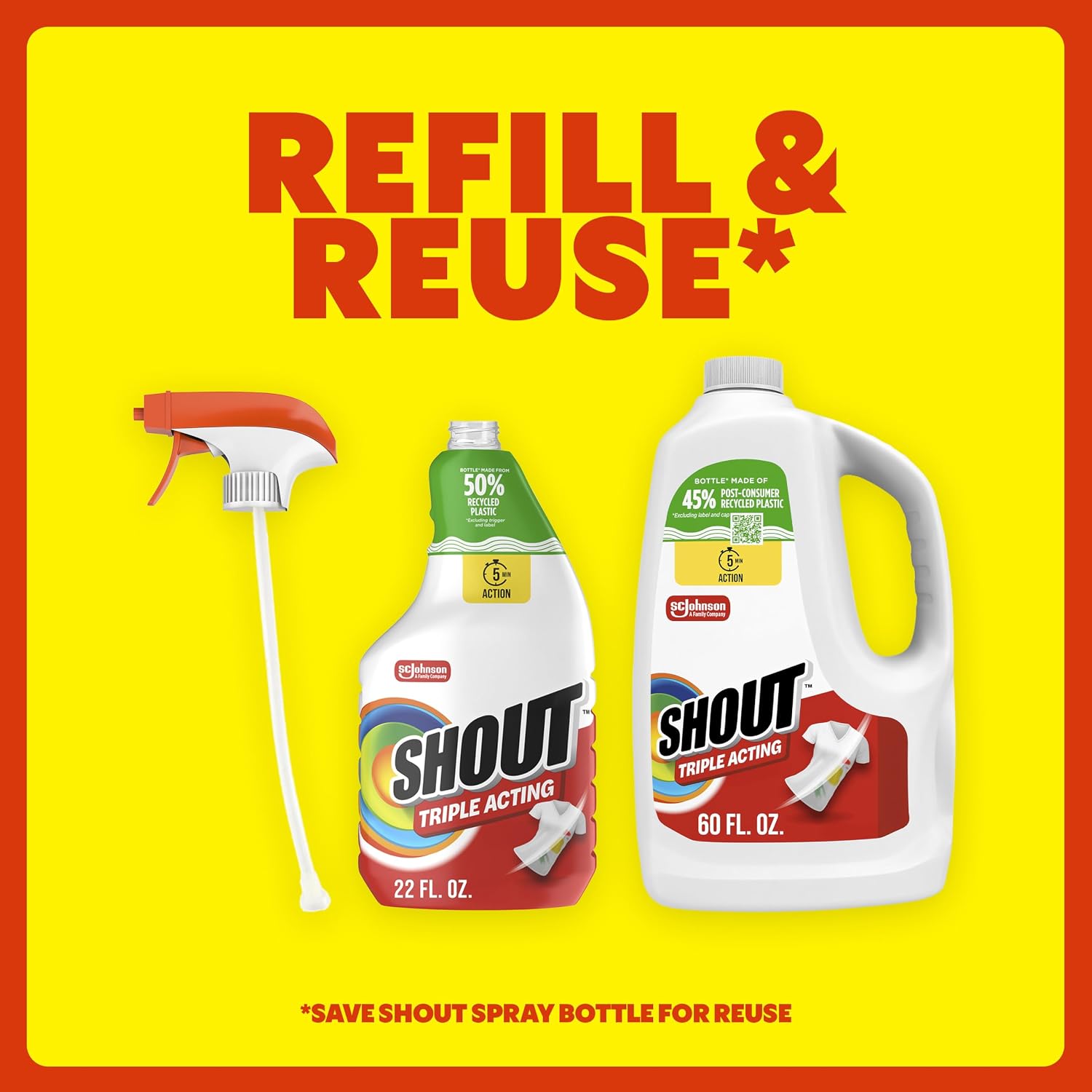 Shout Active Enzyme Laundry Stain Remover Spray for Clothes, Triple-Acting Formula Clings, Penetrates, and Lifts Tough & Everyday Stains - Prewash Refill 60oz (1.7L)