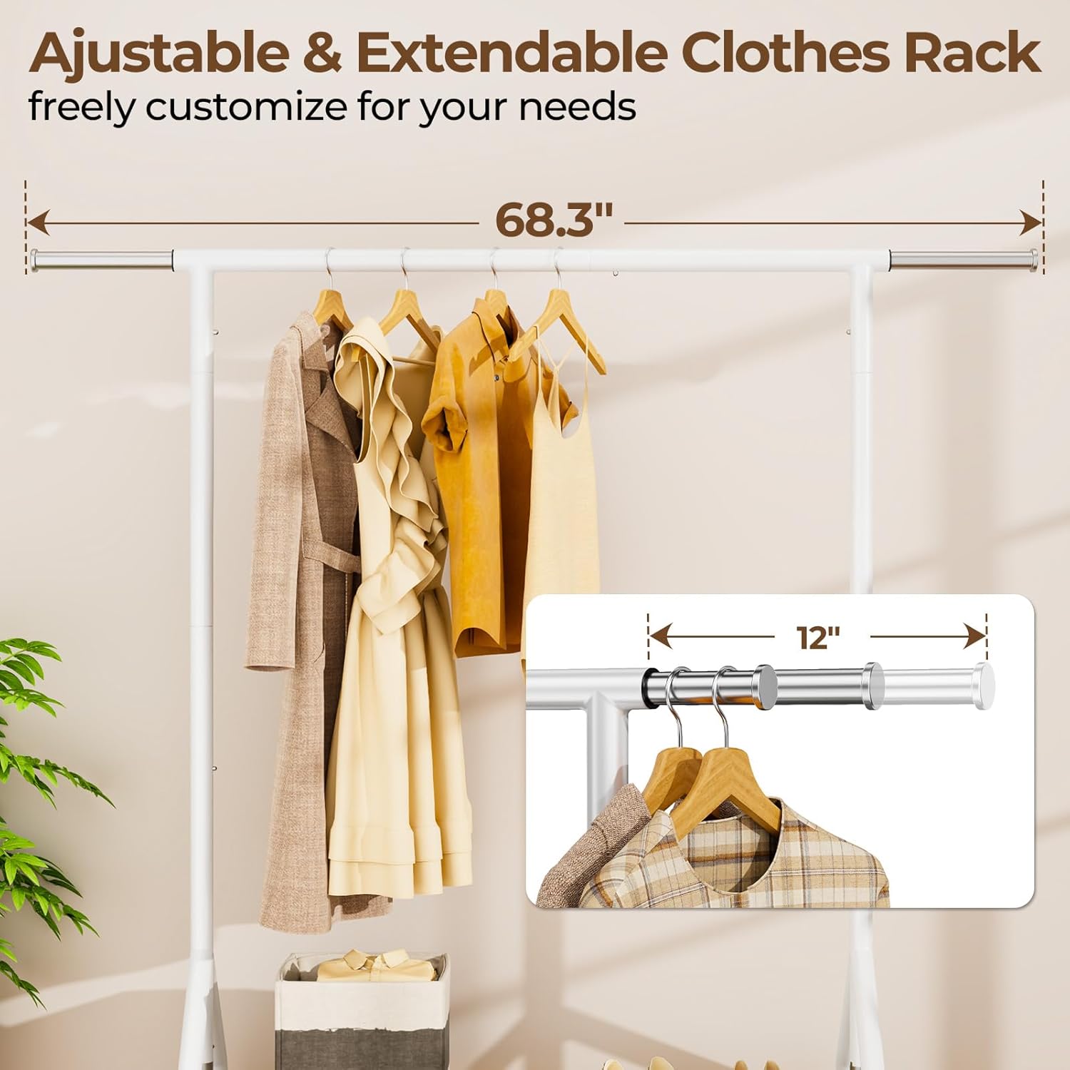 HYSEYY Heavy Duty Clothes Rack Load 450 LBS, Metal Garment Rack, Standing Rolling Clothing Rack for Hanging Clothes with Sturdy Wheels & Shelves, Portable Closet Wardrobe Rack,White