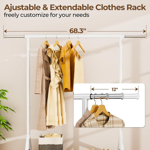 HYSEYY Heavy Duty Clothes Rack Load 450 LBS, Metal Garment Rack, Standing Rolling Clothing Rack for Hanging Clothes with Sturdy Wheels & Shelves, Portable Closet Wardrobe Rack,White
