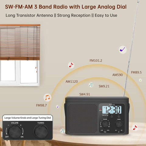 DreamSky AM FM Radio Portable Shortwave Radio Battery Powered/Plug in Wall