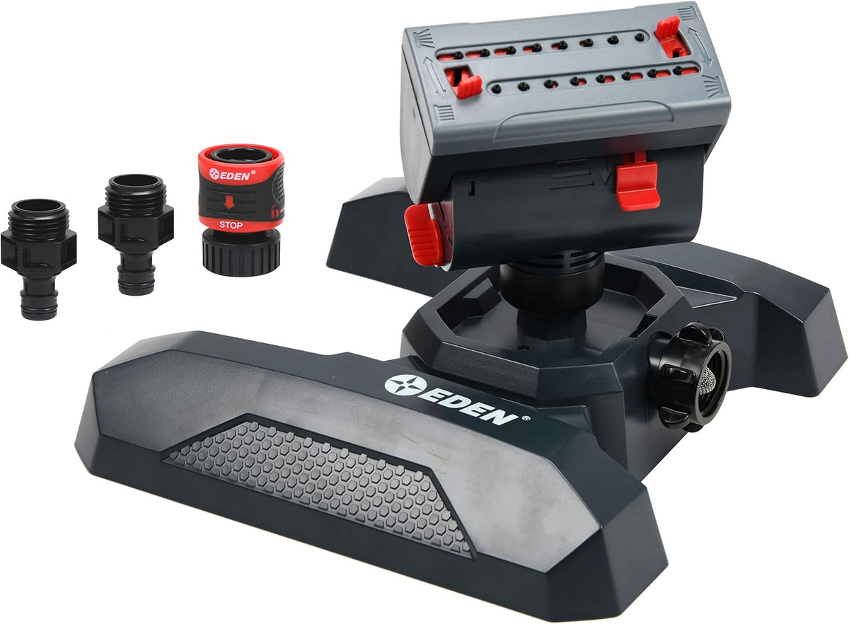 Eden 94125 Adjustable 4-Way Mini Turbo Oscillating Sprinkler W/Quick Connect Starter Set, 16 Nozzle, Covers up to 4,069 sq. ft. Heavy Weight Base