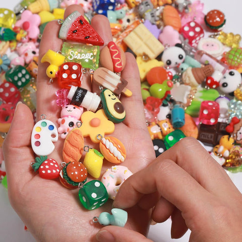 MGGFBLEY Assorted Resin Charms for DIY Bracelet & Keychain Making – Mini Candy, Bear, Fruit & Animal Style Charms for Crafts