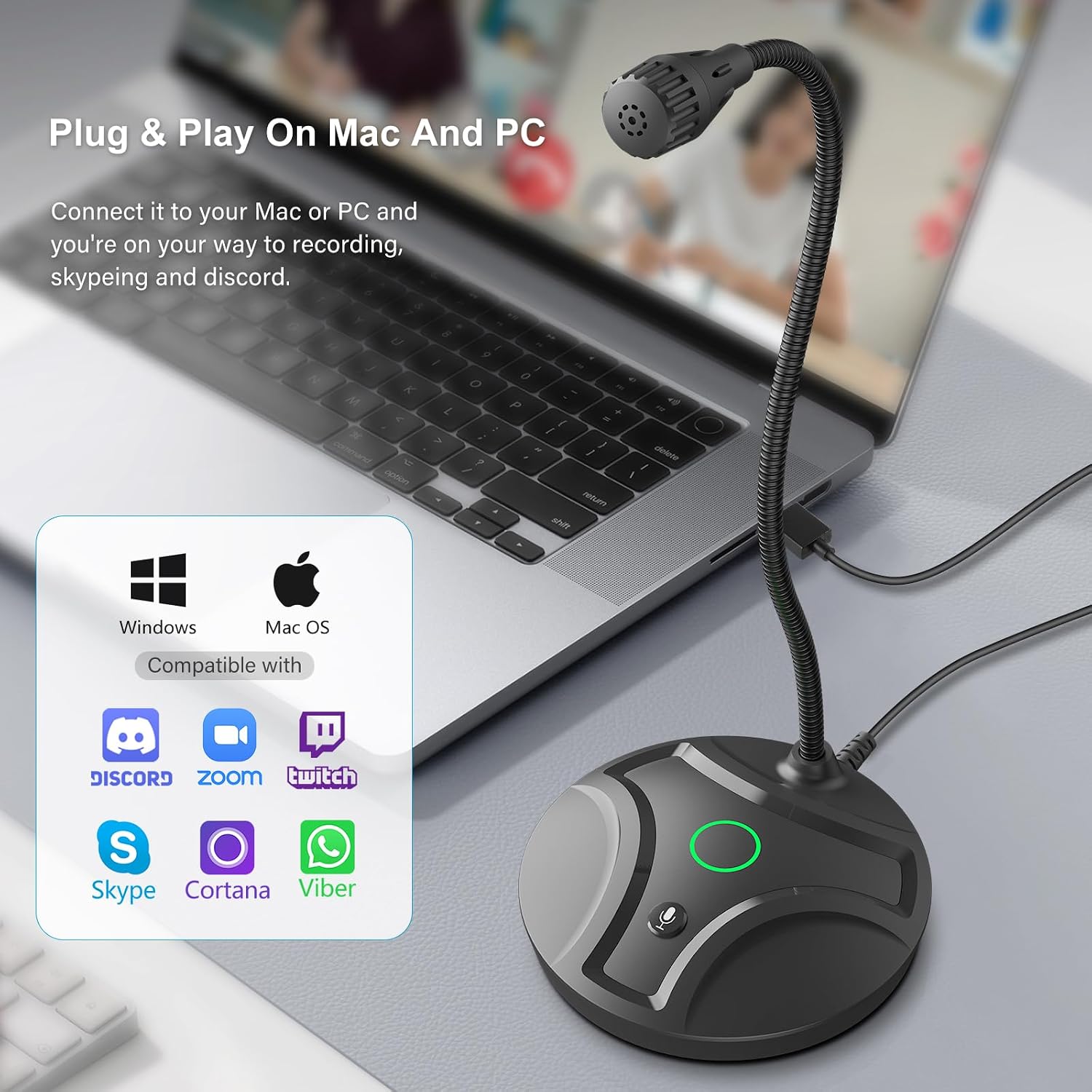 Plug & Play USB Computer Microphone, Flexible Gooseneck & Mute Button LED – Desktop Microphone for Gaming, YouTube, Streaming, Compatible with Windows/Mac (1.8m /6ft)
