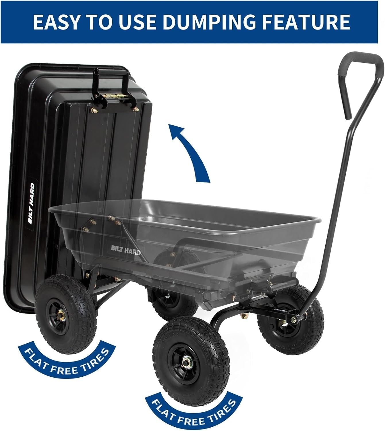 BILT HARD 4 Cu.Ft. 10" No-Flat Tires Poly Yard Dump Cart with 180° Rotating Handle, 600 lbs Capacity Heavy Duty Garden Carts and Wagons
