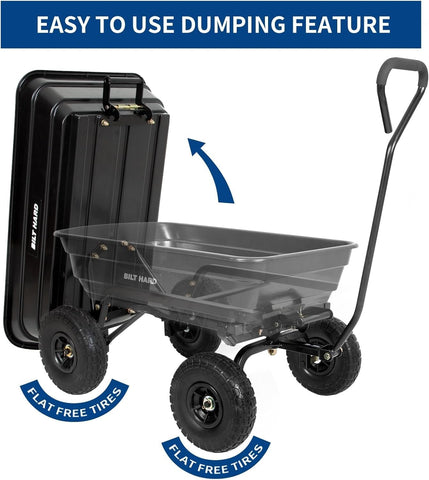 BILT HARD 4 Cu.Ft. 10" No-Flat Tires Poly Yard Dump Cart with 180° Rotating Handle, 600 lbs Capacity Heavy Duty Garden Carts and Wagons