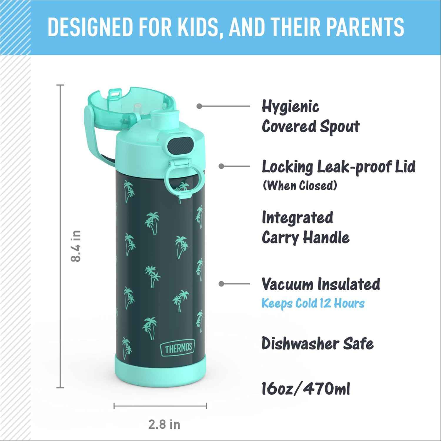 THERMOS FUNTAINER Water Bottle with Spout, 16oz, Palm Trees