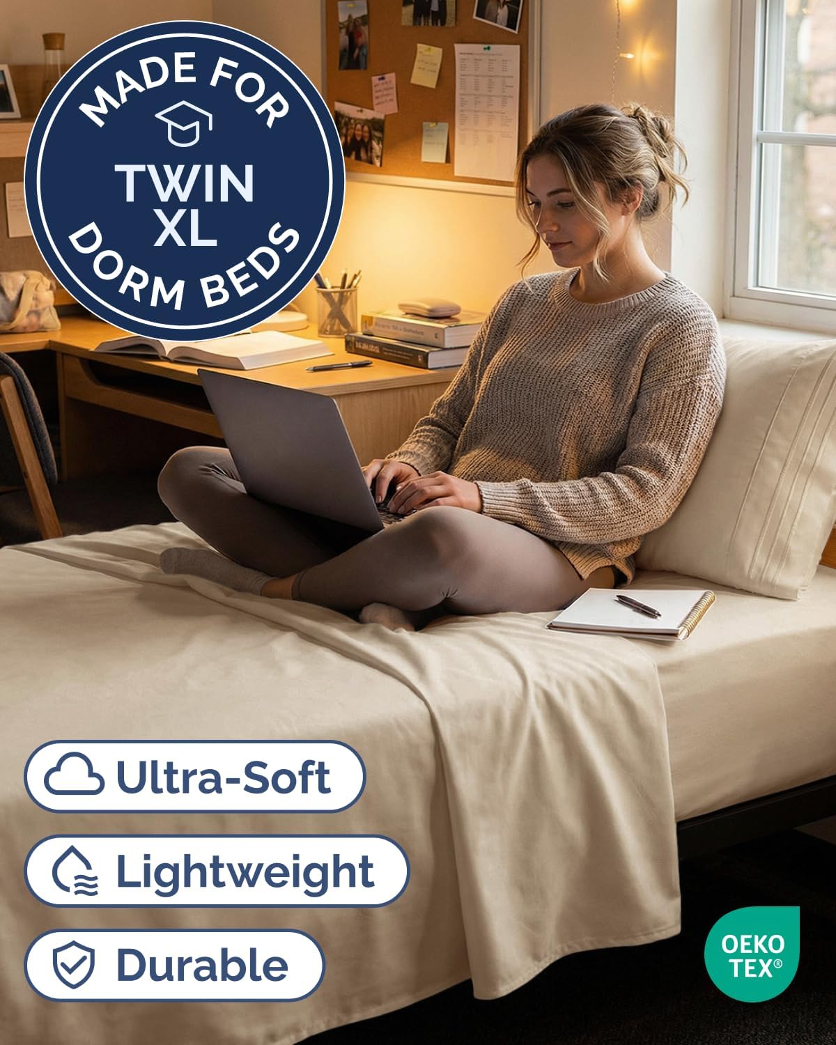 Twin XL 3 Piece Sheet Set - College Dorm Room Essentials - Cream