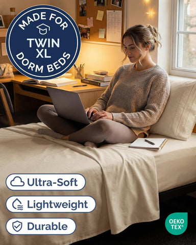 Twin XL 3 Piece Sheet Set - College Dorm Room Essentials - Cream
