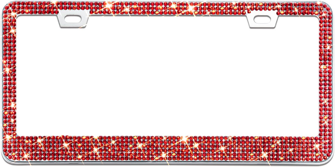 Bling License Plate Frame for Women, 1PCS Sparkly License Plate Frames| Over 1200 pcs 14 Facets Bedazzled Clear Glass Diamond Rhinestone Crystals w/Free Glitter Diamond Box (Red)