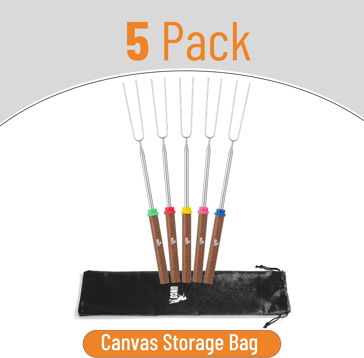 UNCO- Marshmallow Roasting Sticks, 32”, 5 Pack, Dark Brown Wooden Handle, Extendable Stainless Steel Smores Sticks for Fire Pit, Smores Skewers, Campfire Cooking Equipment