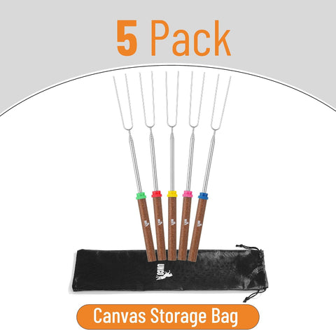 UNCO- Marshmallow Roasting Sticks, 32”, 5 Pack, Dark Brown Wooden Handle, Extendable Stainless Steel Smores Sticks for Fire Pit, Smores Skewers, Campfire Cooking Equipment