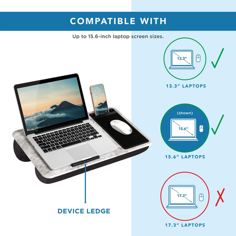 LAPGEAR Home Office Lap Desk with Device Ledge, Mouse Pad, and Phone Holder - White Marble - Fits Up To 15.6 Inch Laptops - Style No. 91501