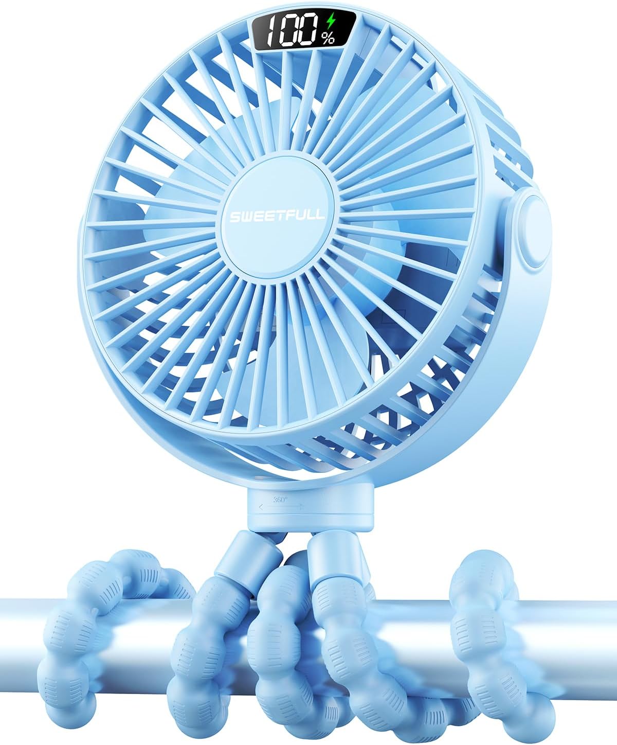SWEETFULL Portable Stroller Fan with LED Display, 4 Speed Rechargeable Mini Clip On Fan,Built-in Non-Removable Rechargeable Battery，Sealed housing