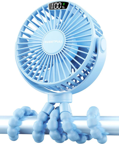 SWEETFULL Portable Stroller Fan with LED Display, 4 Speed Rechargeable Mini Clip On Fan,Built-in Non-Removable Rechargeable Battery，Sealed housing