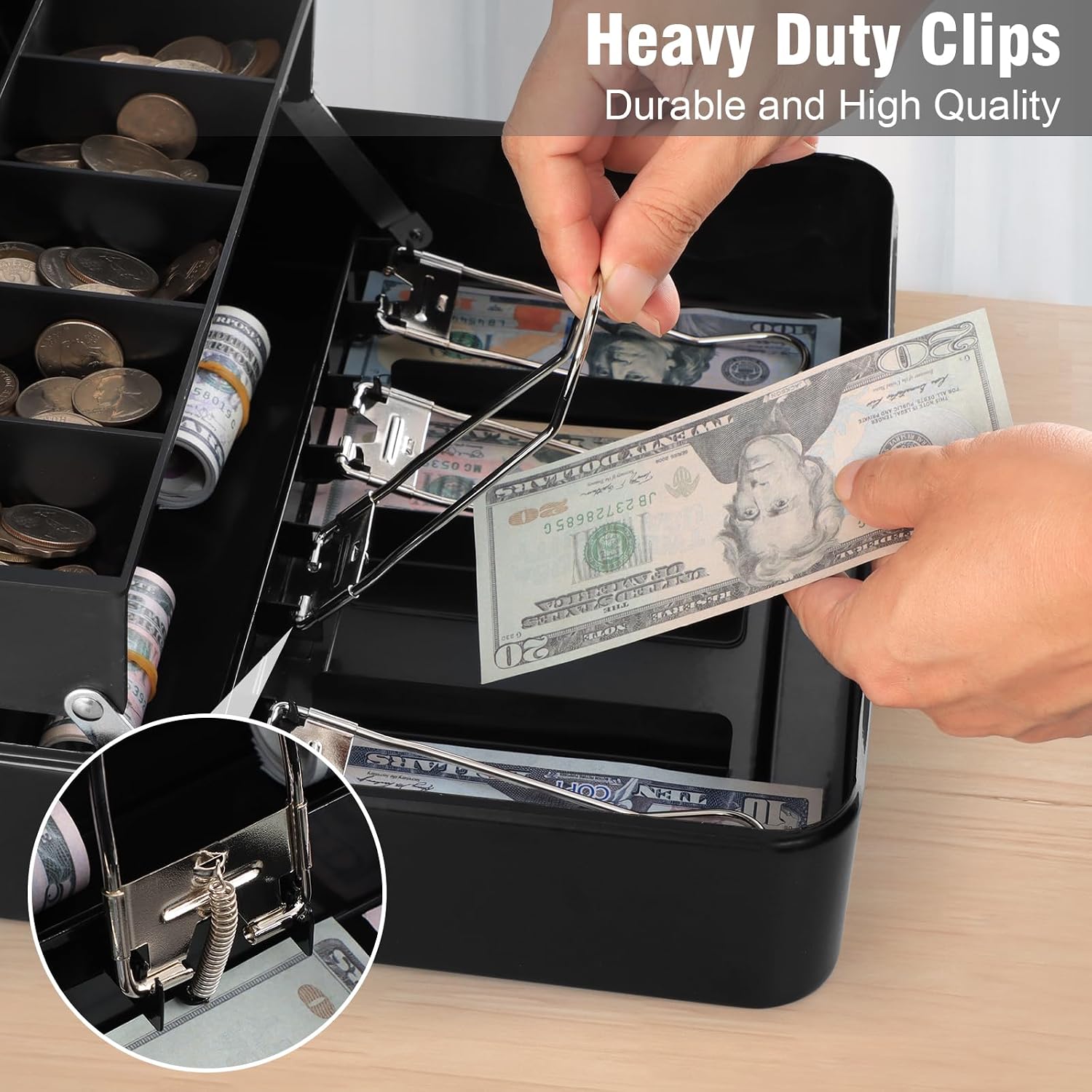 KYODOLED Cash Box with Top Key Lock–0.7mm Metal Money Box for Flea Market Vendors, Craft Fairs & Small Business, Portable Cash Drawer with Auto-Pop Coin Tray & Windproof Bill Clips (11.8", Black)
