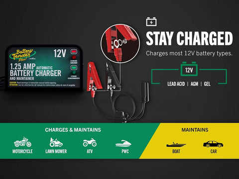 Battery Tender Plus 12V 1.25 AMP Car & Motorcycle Battery Charger and Maintainer, Float Charge for Automotive, and ATVs - Smarter Than a Trickle Charger
