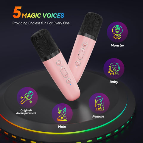 Karaoke Machine for Kids Adults, Portable Bluetooth Mini Karaoke Microphone Singing Speaker with 2 Mic and Light,Toys for All Smartphones,Birthday, Family,Home Party (Pink)