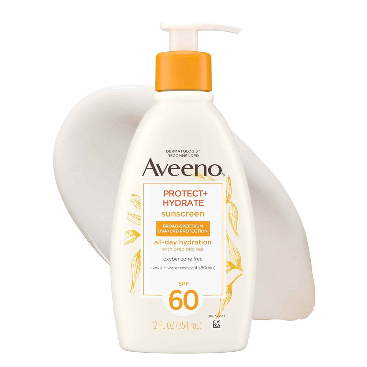 Aveeno Protect + Hydrate Sunscreen Lotion for Body & Face with Prebiotic Oat, SPF 60 Broad Spectrum Sunscreen, Paraben, & Oil Free, Water & Sweat Resistant (80-min) for Sensitive Skin, 12 FI Oz