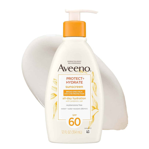 Aveeno Protect + Hydrate Sunscreen Lotion for Body & Face with Prebiotic Oat, SPF 60 Broad Spectrum Sunscreen, Paraben, & Oil Free, Water & Sweat Resistant (80-min) for Sensitive Skin, 12 FI Oz